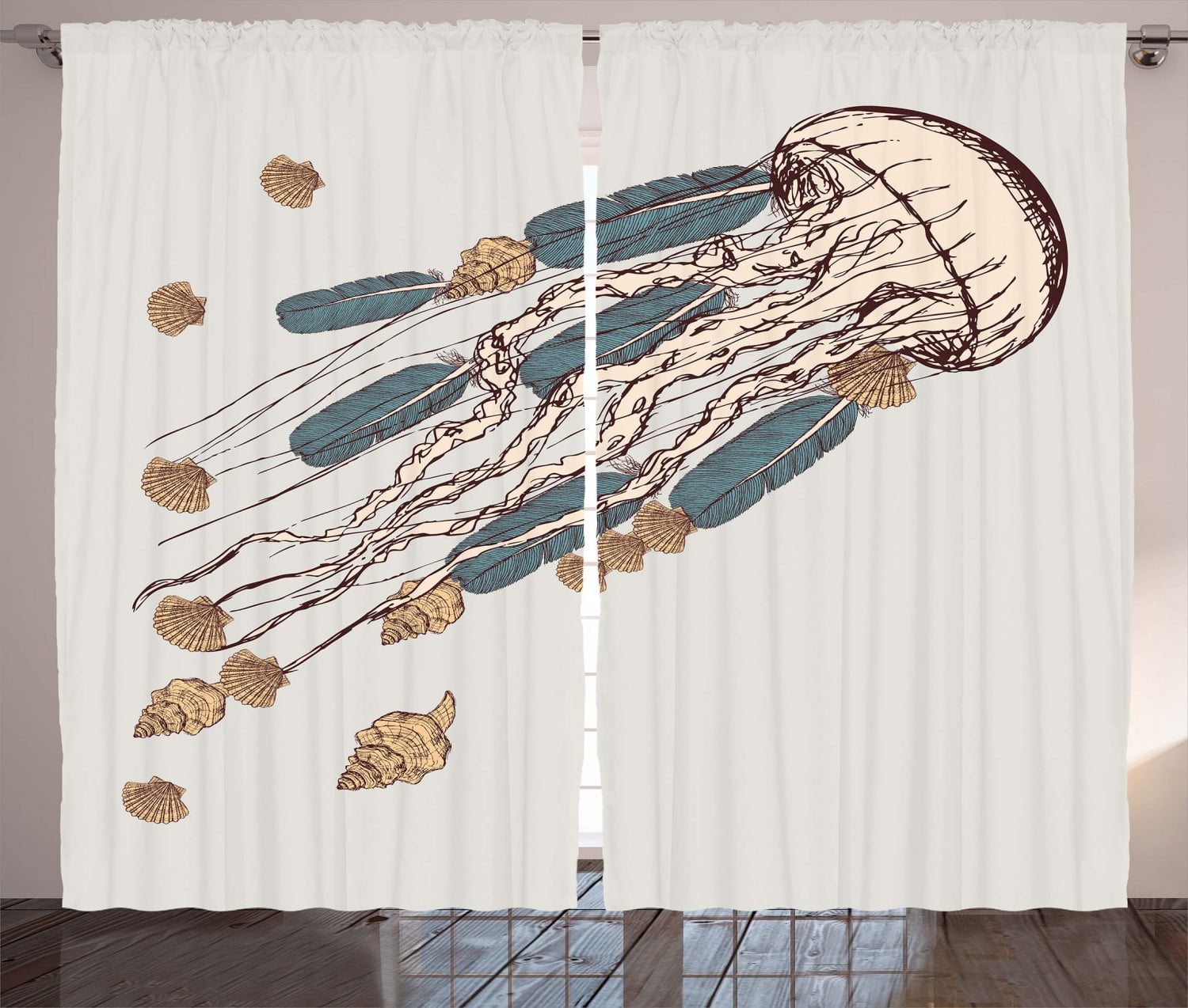 Jellyfish Curtains 2 Panels Set, Boho Feather Tentacles Shells Vintage
