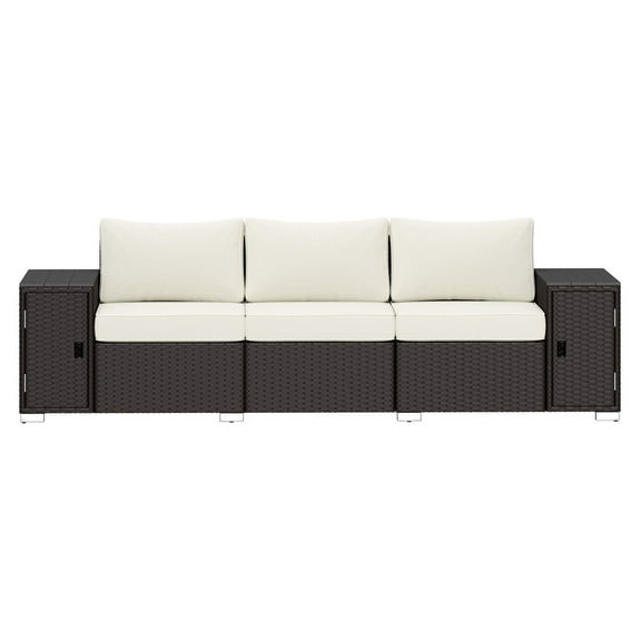 3-Seater Wicker Outdoor Couch, Patio Sofa with Storage - Cream White