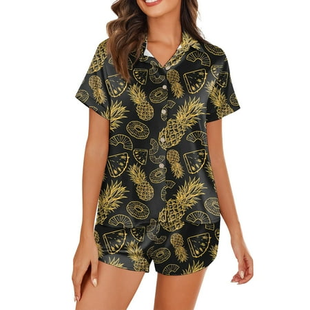 JULMCOMO Pj Sets for Woman Plus Size Silk Satin Short Sleeve Sleepwear Button Down Loungewear Cute Fruit Print 2 Piece Pjs Short Sets Black M