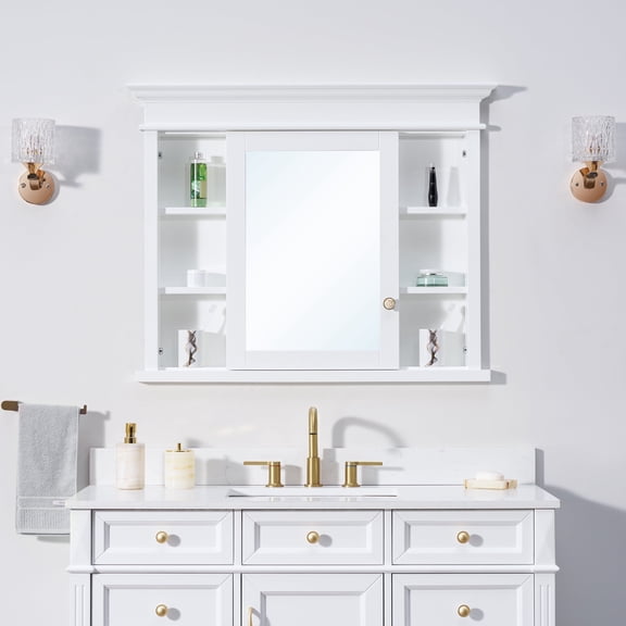 40" x 32" Bathroom Medicine Cabinet with 3-Tier Adjustable Shelves, Recessed Solid Wood Medicine Cabinet with Mirrors, Wood Mirror Cabinet with 1 Soft-Close Door and 4-Tier External Shelves