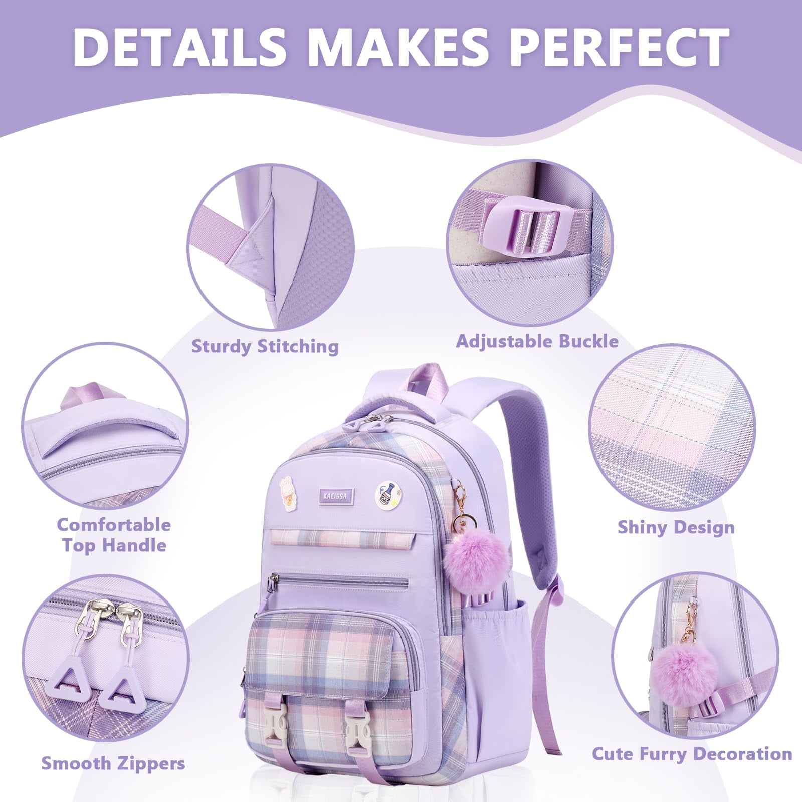 Soda Candy Girls Backpacks for School Kawaii Large Bookbag with Multiple Compartments Lightweight Casual Daypack for Teen Girls Primary Elementary Middle School College, Age 6-14, Purple