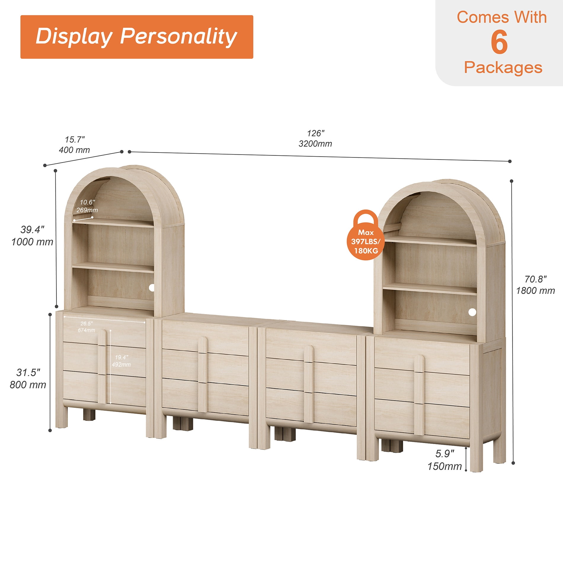 71"H X 126"W Tall Arched Bookshelf with 12 Drawers, Modern 6-Tier Bookcase with Open Storage, Large Wood Display Cabinet For Living Room Bedroom Home Office Kitchen