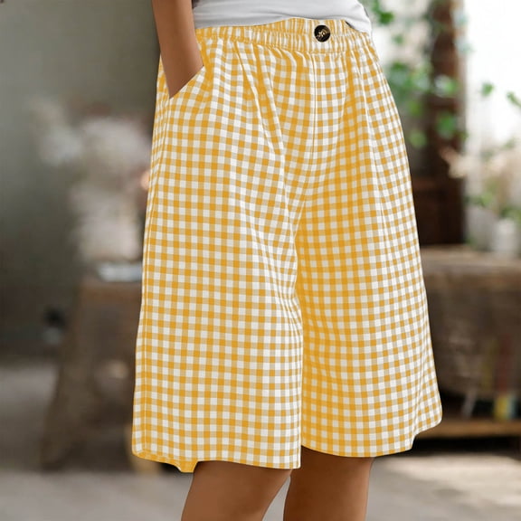 BUIGTTKLOP Shorts for Women Knee Length 2026 Plaid Sorts Summer Casual Elastic Waisted Half Shorts with Pockets
