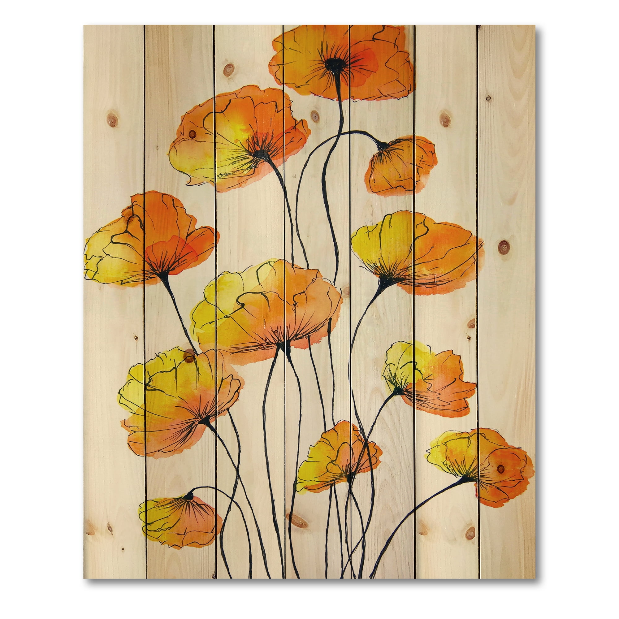 Designart 'Country Yellow Flowers On White' Traditional Print on Natural Pine Wood