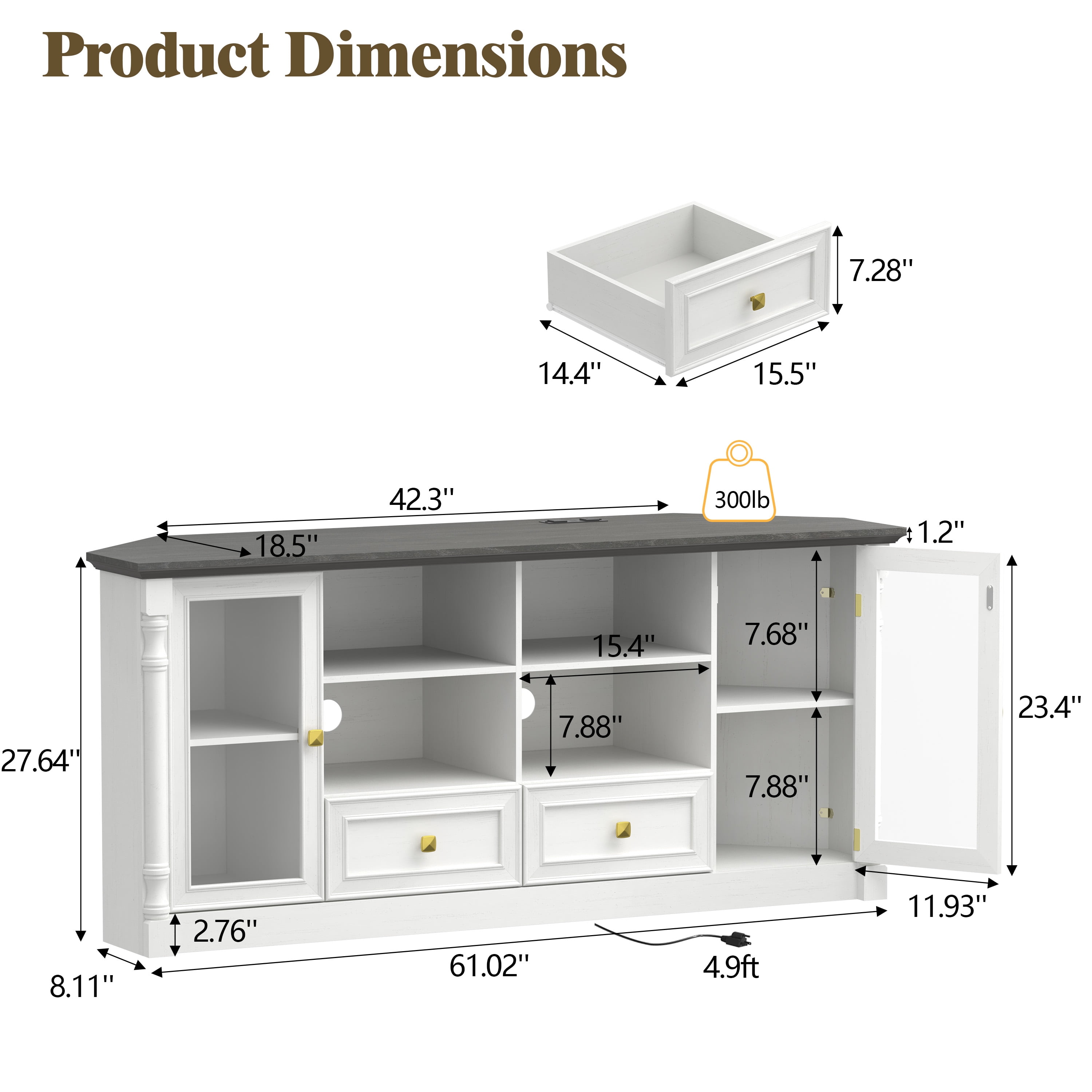 Farmhouse TV Stand for 55 60 65 Inch TVs, Corner Entertainment Center with 2 Storage Drawers and 2 Display Cabinet & Power Outlet and LED Lights, Wood TV Console Table for Living Room, Bedroom, White