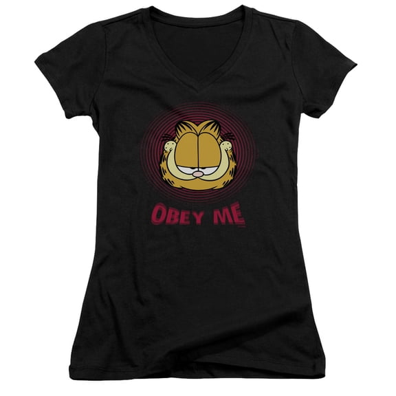 Garfield Obey Me Junior Women's V-Neck T-Shirt Black