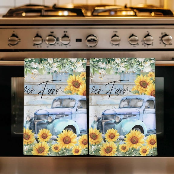 Sunflowers Trucks Kitchen Towels Set of 1, Spring Farmhouse Eucalyptus Teal Wood Absorbent Dish Towels for Kitchen, Microfiber Hand Towel, Quick Drying Tea Towel for Cleaning Decorative Dishcloths