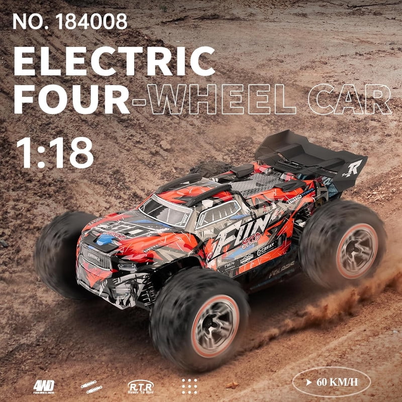 RC Car WLtoys 184008 Brushless for Adults Kids, 37MPH High Speed Remote Control Car, 4WD 1:18 Scale All Terrain Off Road RC Truck, 2.4GHz RC Racing Car with Batteries (Red)