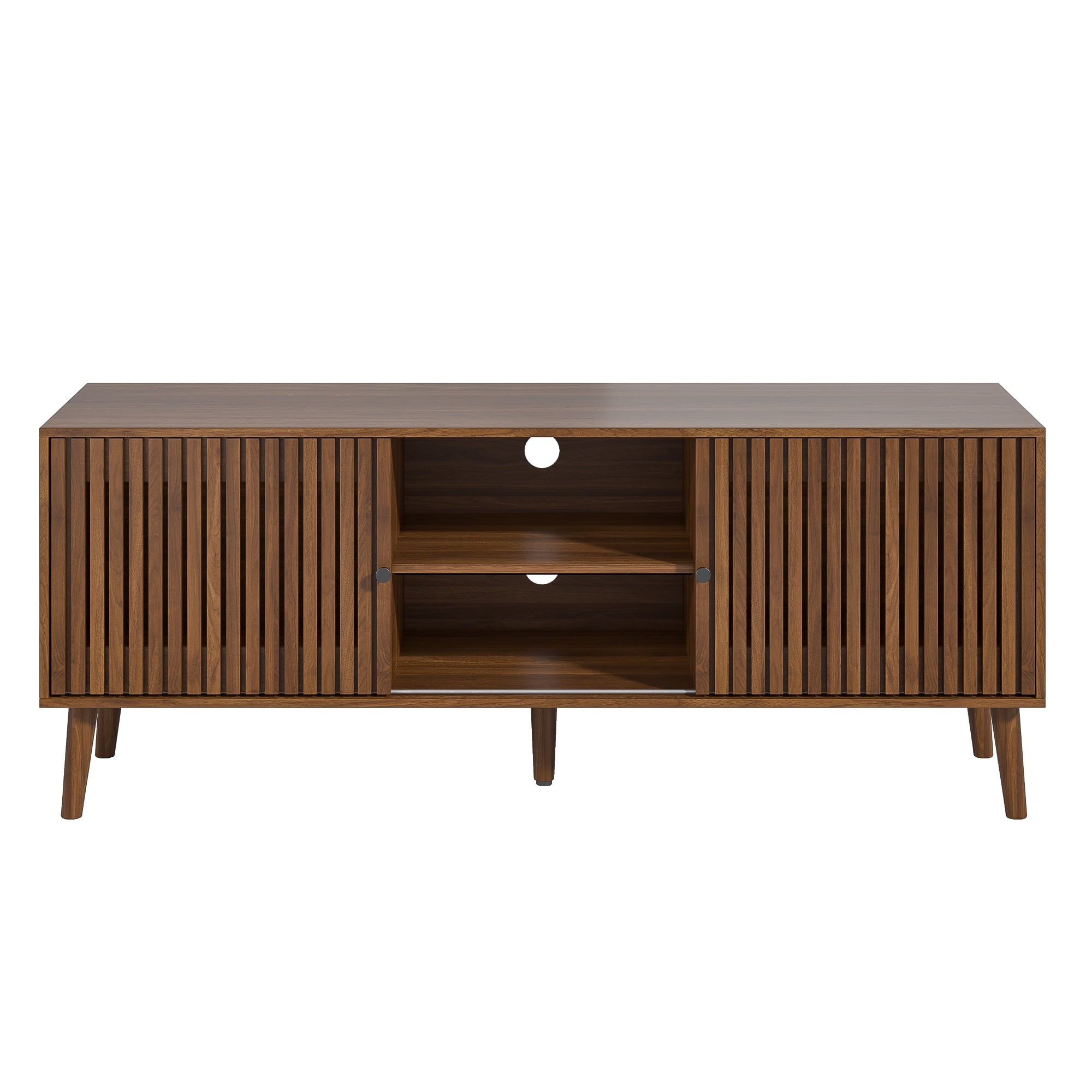 Oubayajia Mid-Century Modern 51" TV Stand for TVs up to 60”, Wood TV Console with Waveform Sliding Doors and Storage, Entertainment Center for Living Room Bedroom, Walnut