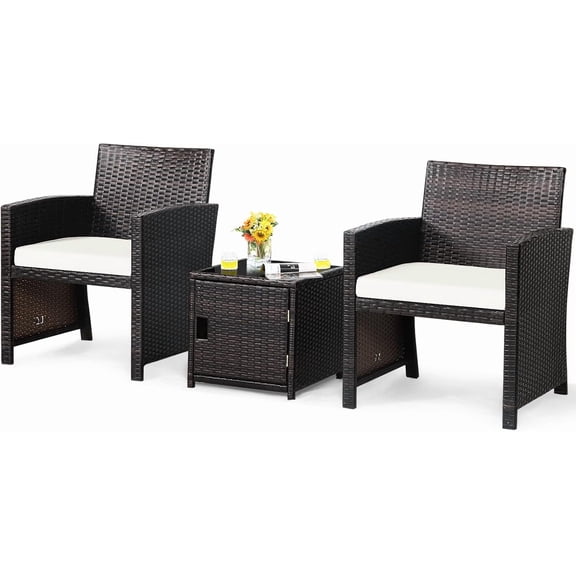 RONG-3 3 Piece Outdoor Bistro Set, PE Wicker Patio Conversation Set with Side Storage Table with Door, Soft Cushions and Protective Cover, Outdoor Sofa and Table Set