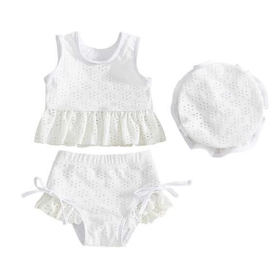 FINALGANG Baby Girls Round Neck Three Piece Swimsuit Set With Eyelet Embroidery Sleeveless Ruffled Top Brief Matching Swim Hat For Toddlers Summer Beach Days Leisure Outfit