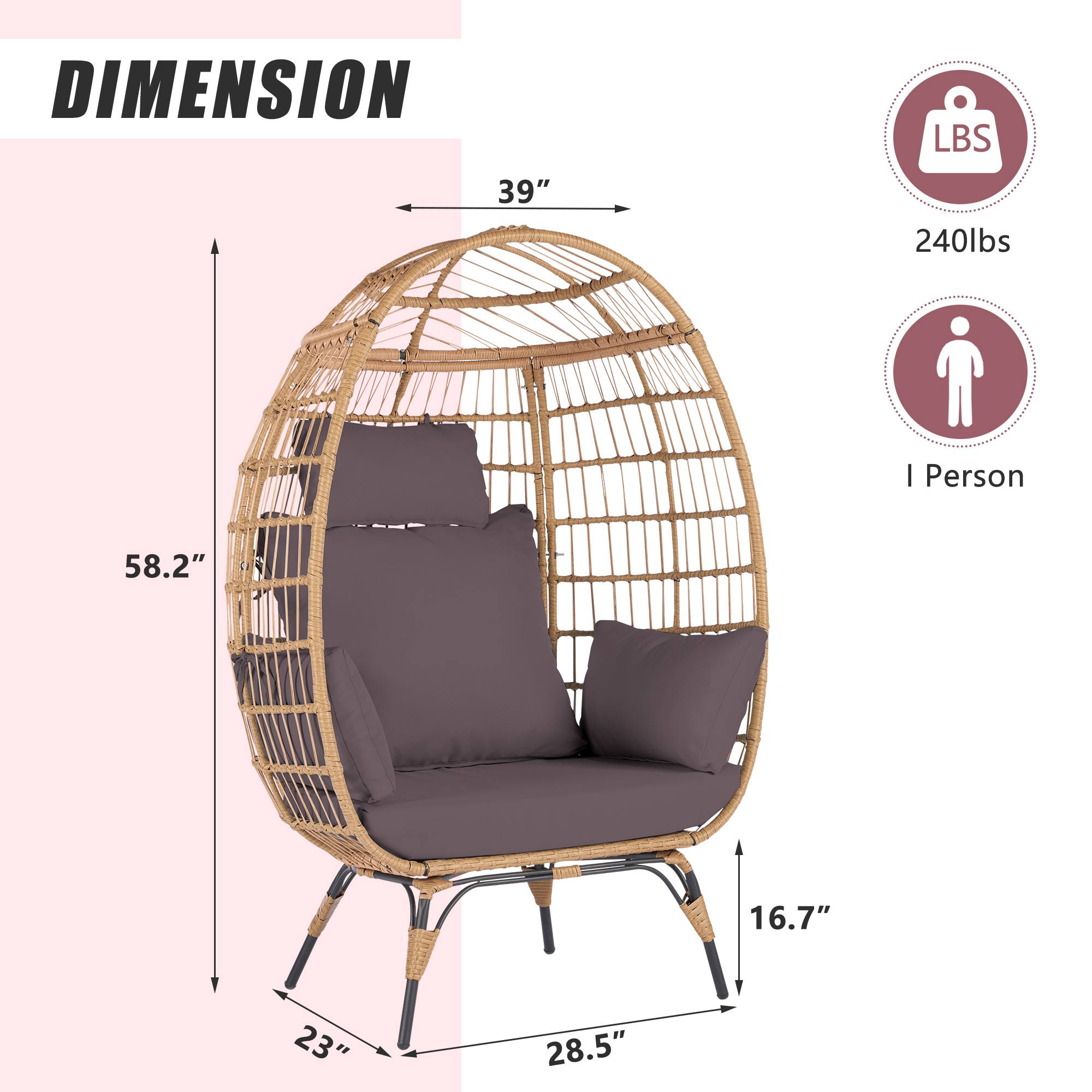 Wicker Egg Chair, Oversized Indoor Outdoor Boho Lounger Chair Stationary Egg Basket Chair, All-Weather 440lb Capacity Patio Chair, Dark Gray - image 3 of 9
