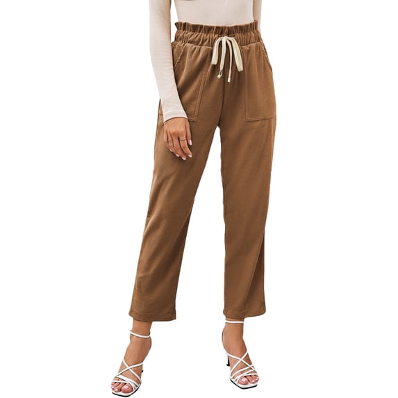 Asyoly Women's Pants High Waisted Corduroy Pants for Women Casual Drawstring Straight Leg Pants Trousers with Pockets