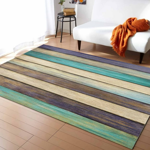 Area Rugs Indoor Non-Slip Rectangle Rug 5x8 Ft Purple Brown Turquoise Wood Grain Farmhouse Vintage Rug Rubber Backing Floor Mats Non Shedding Home Decor Carpet for Entryway Living Room