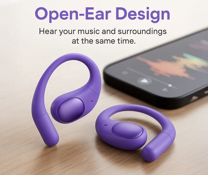 Vybz Open-Ear True Wireless Headphones with Charging Case, 26-Hour Battery, Bluetooth 5.3, Dual Mics, Lightweight Fit