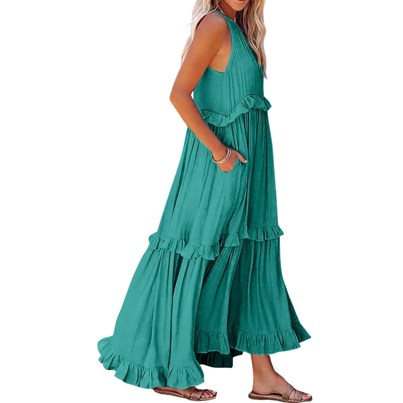 LVHAOGJOB Strap Midi Dress for Women Summer Trendy Sleeveless Dress with Pockets Loose V Neck Mujers Sundress Elegant