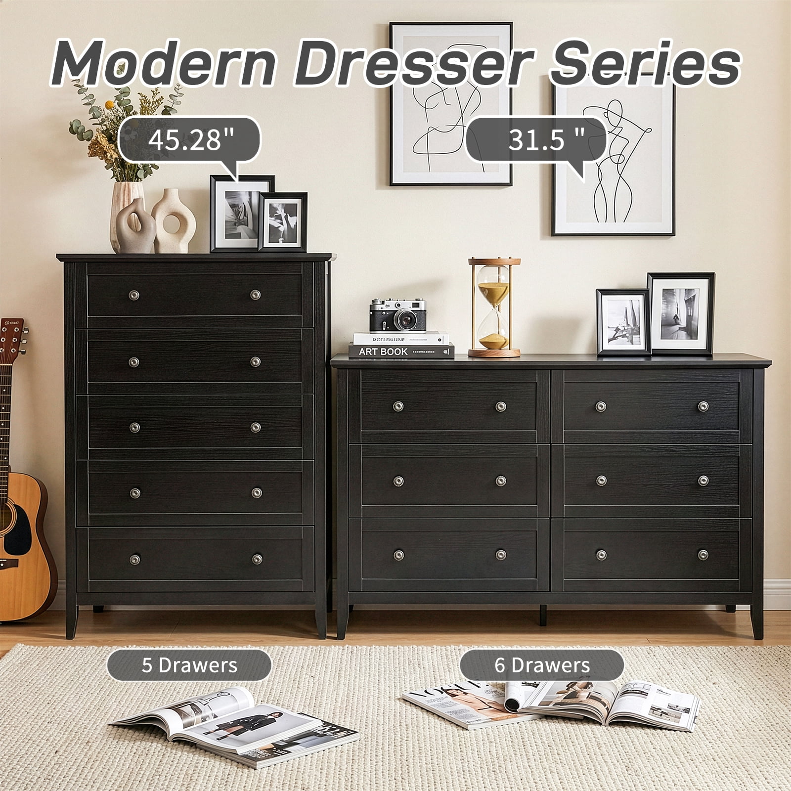 Five Drawers Cabinet, Double Handles P2 Particleboard + MDF Melamine 80*40*115cm Framed