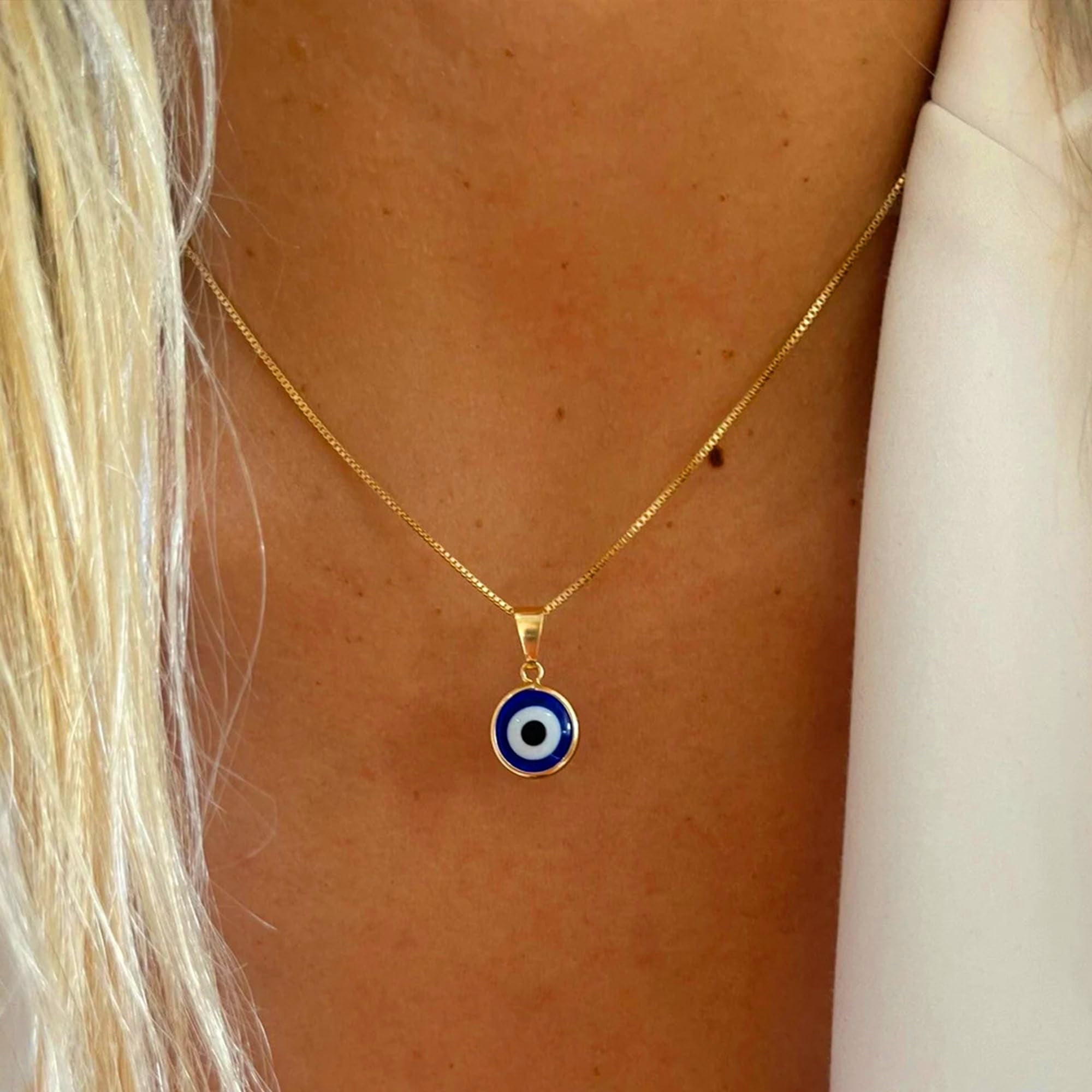 Turandoss 14K Gold Plated Charm Evil Eye Blue Eyes Amulet Pendant Necklace for Women Boho Turkish Blue Jewelry Teacher Appreciation Mothers Day Graduation Gifts for Her Mom Kids Teen Girls Wife Ideas
