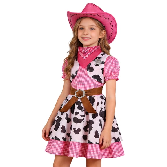 Cowgirl Cos For Girls West Cowgirl Halloween Outfit Dress With Pink Cowboy Hat