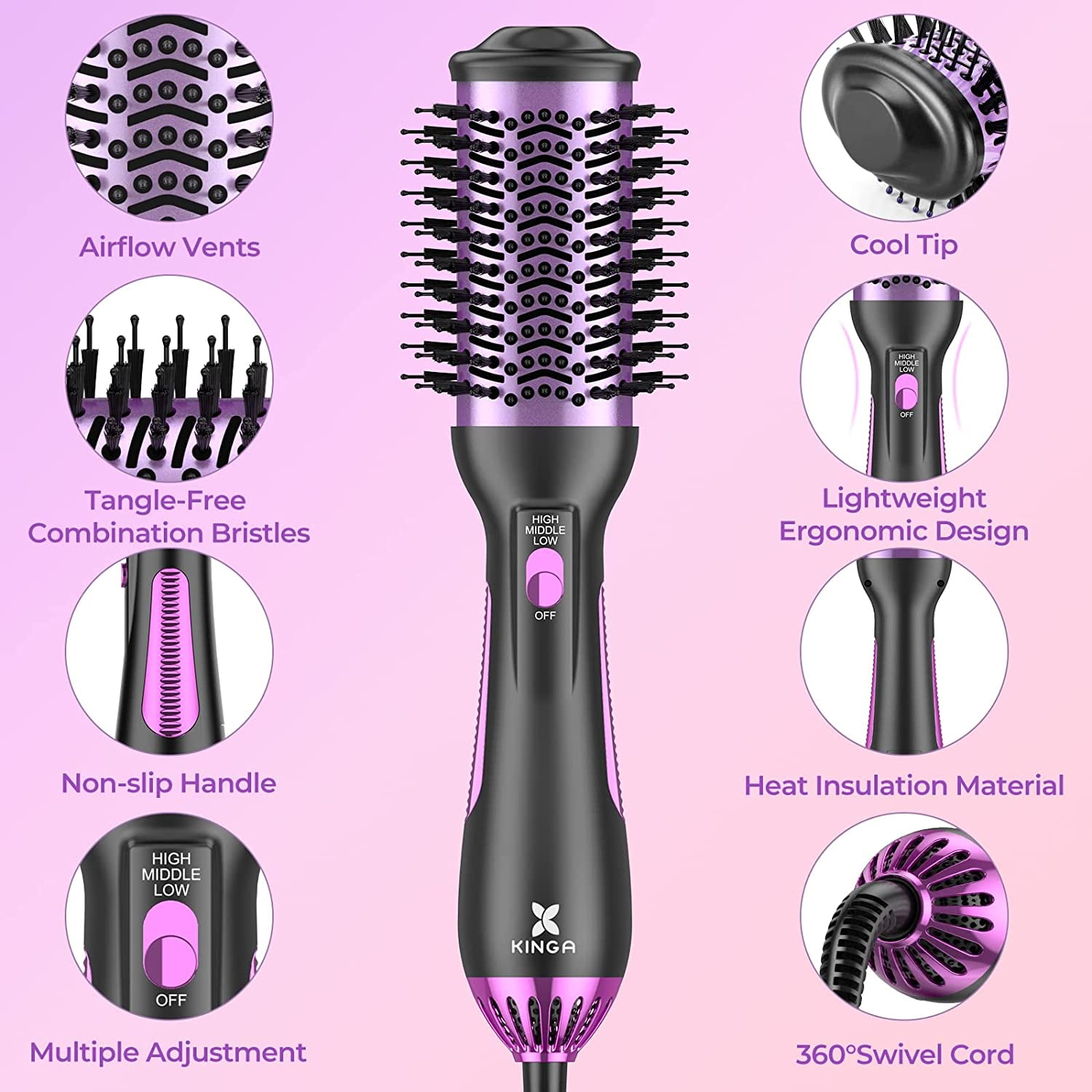 KINGA onestep hair dryer & volumizer hot air brush for Drying
