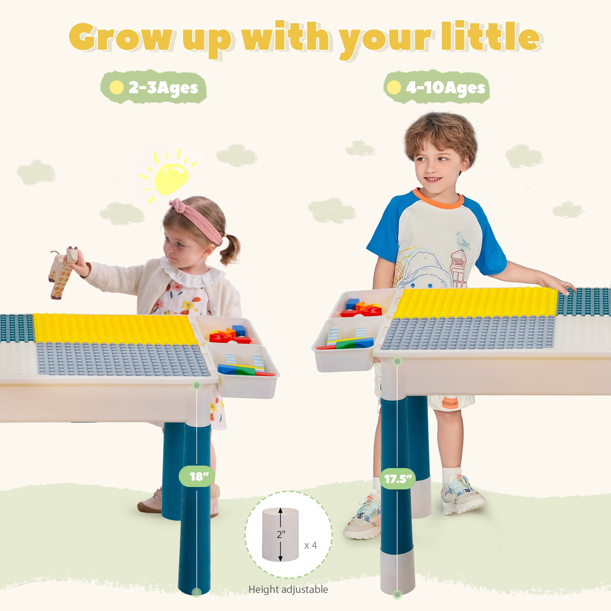 Tobbi Toddler Table and Chairs, Kids Activity Table Set with 2 Chairs, Building Block Table