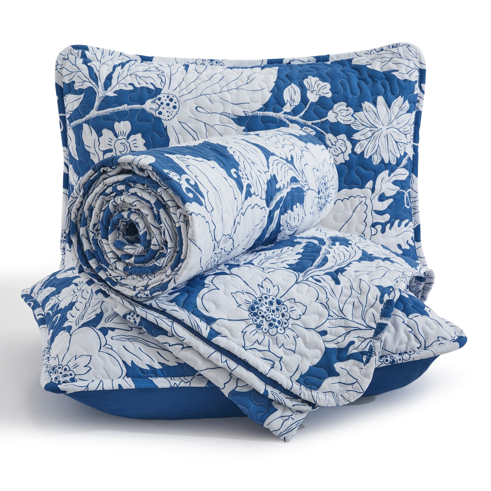 Quilt Queen Size Bedding Set - Rustic Floral Quilt Lightweight Reversible Dyed Oversized Bed Spread Coverlet with 2 Pillowsham for Home All Season Tropical Luxury Royal (Queen, Blue)
