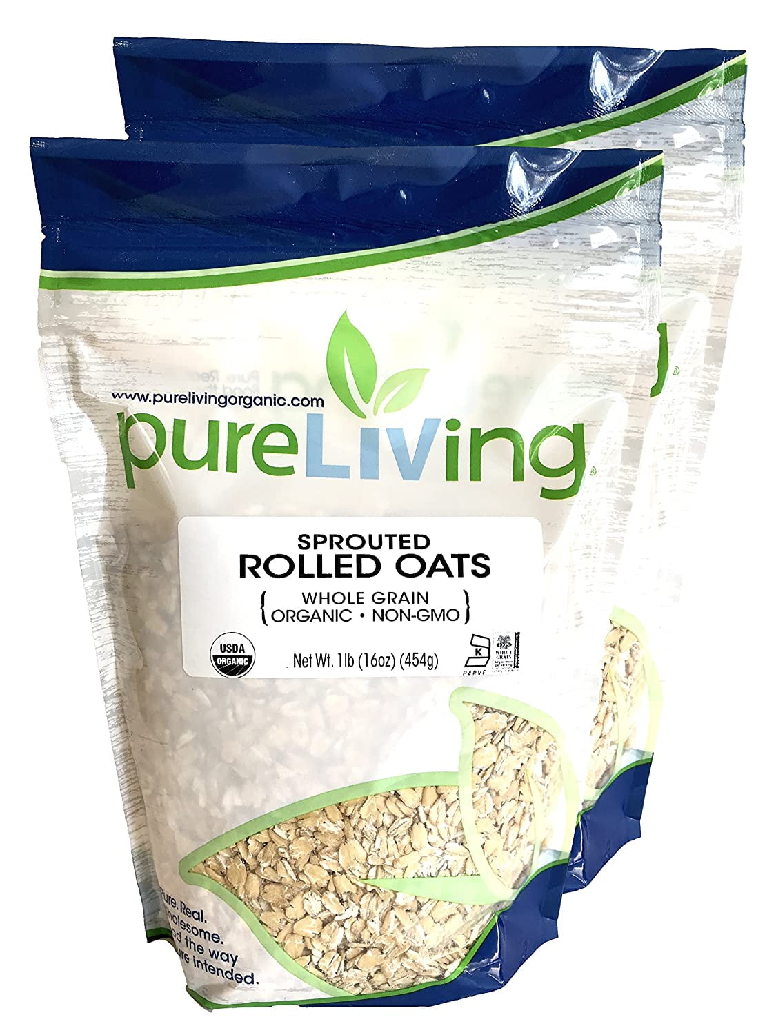 Pure Living Organic Sprouted Rolled Oats Oatmeal - 16 Ounce (Pack of 2) - Rich in Protein and Fiber