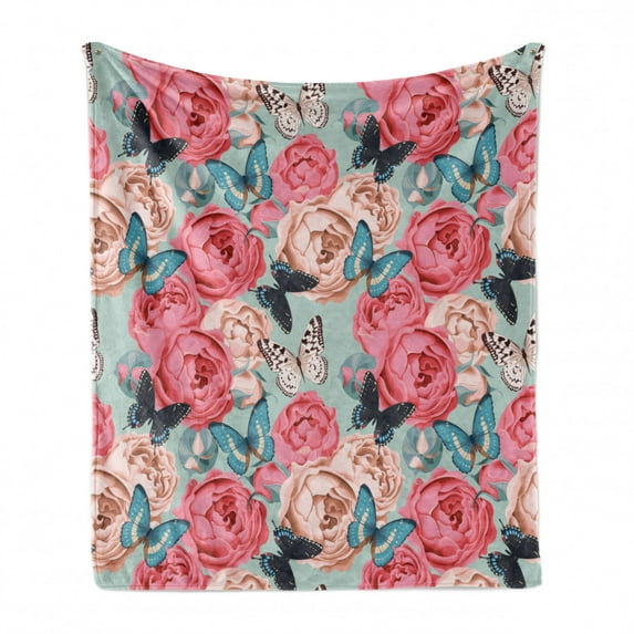 Butterfly Soft Flannel Fleece Throw Blanket, Peony Roses Butterflies Romantic Graphic Print Retro Style Floral Design Print, Cozy Plush for Indoor and Outdoor Use, 60" x 80", Multicolor, by Ambesonne