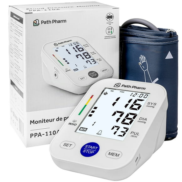 PATH PHARM Blood Pressure Monitor for Home Use with Adjustable Arm Cuff, Backlit LCD Display, and User Memory, Precision Accurate Machine for Home, Portable Travel Size, Canadian Brand