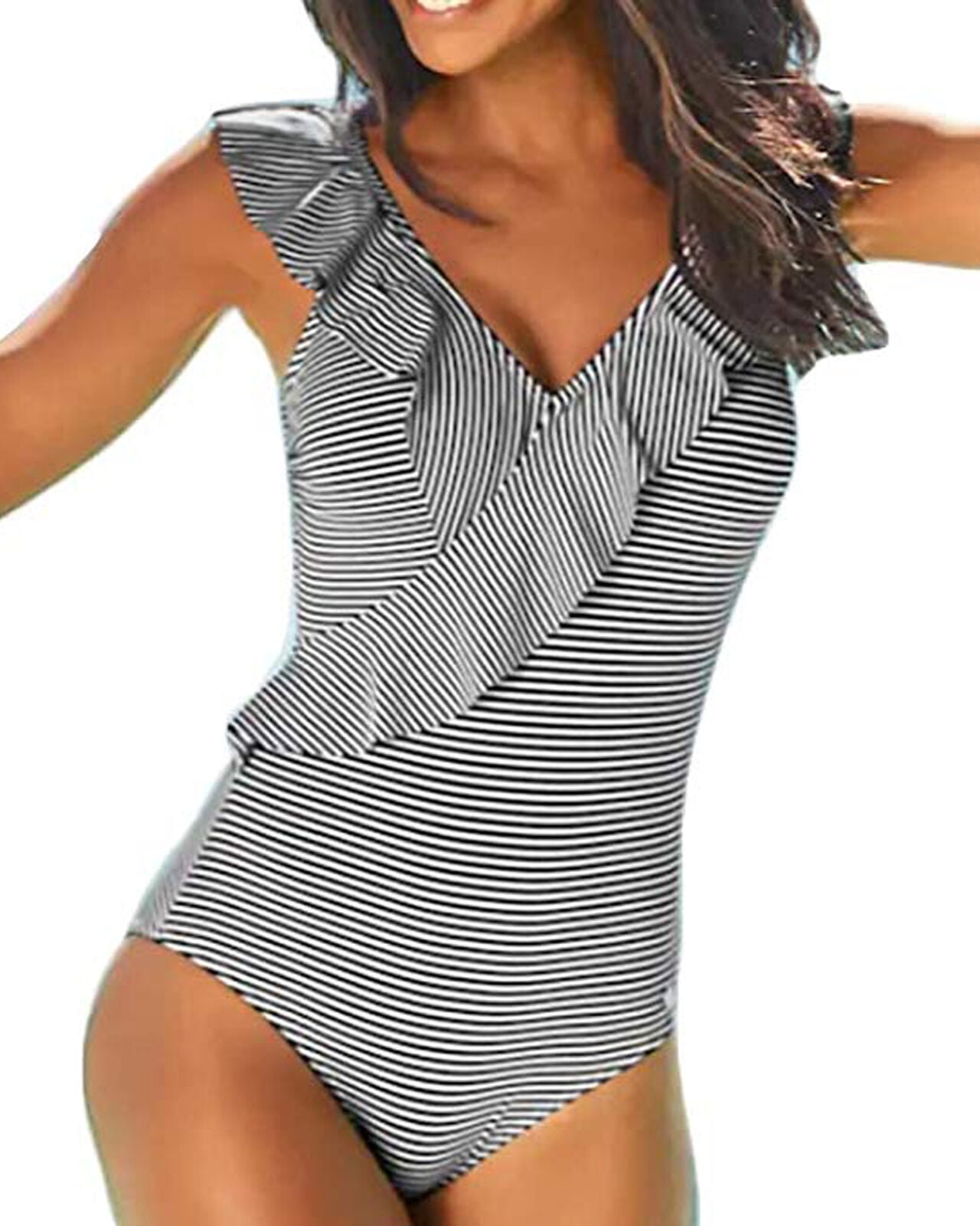 Multitrust Women One Piece Ruffle Trim V Neck Swimsuit Stripe Flounce