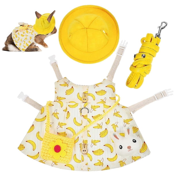 Small Animal Clothes Set Cute Banana Pattern Harness Leash Mini Hat Bag Rabbit Brooch for Guinea Pig Ferret