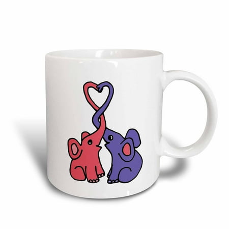 Ceramic Elephant Tea Mug 3dRose Cute Blue and Pink Elephants with Trunks Intertwined and Heart, Ceramic Mug, 15-ounce ()