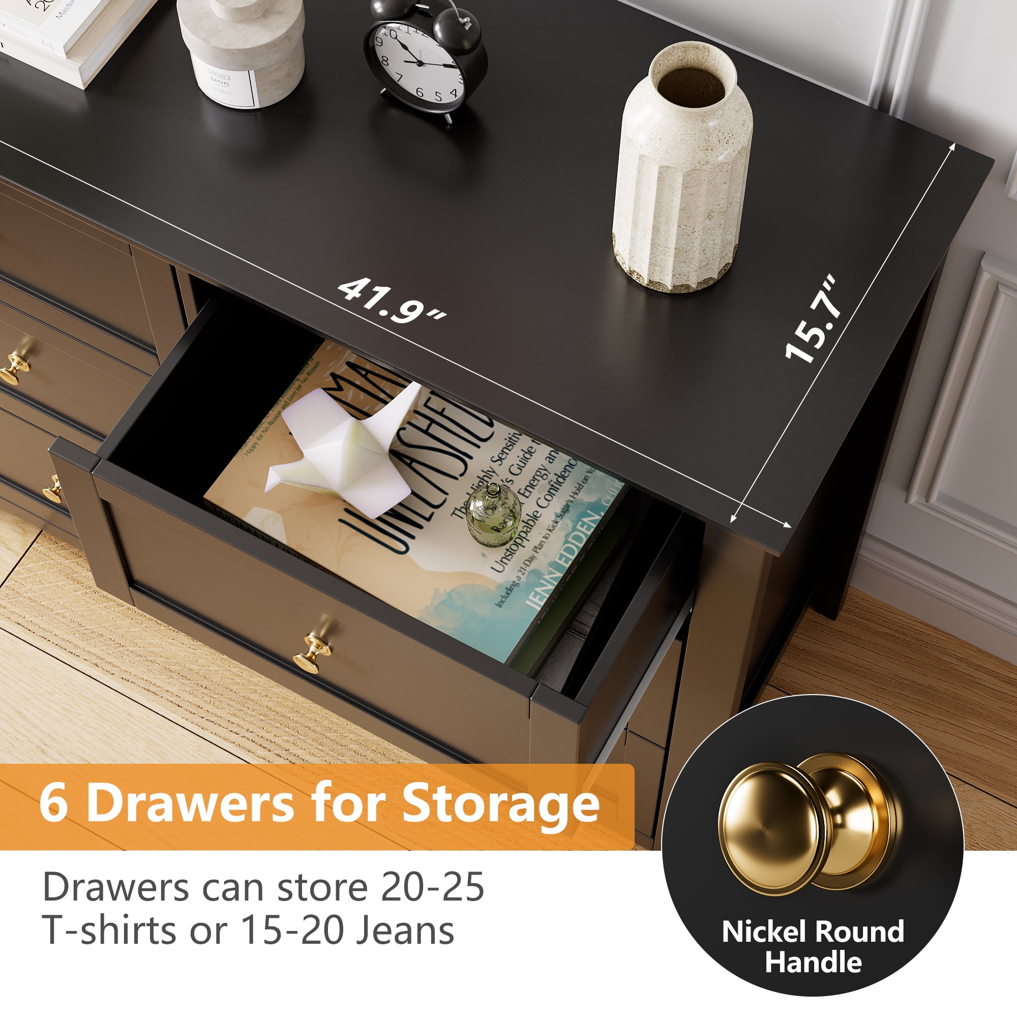 BouPower 6 Drawers Dresser,42" Wide Modern Chest of Drawers,Farmhouse Dresser TV Stand Storage Cabinet,Wood Drawer Organizer for Bedroom,Living Room,Hallway
