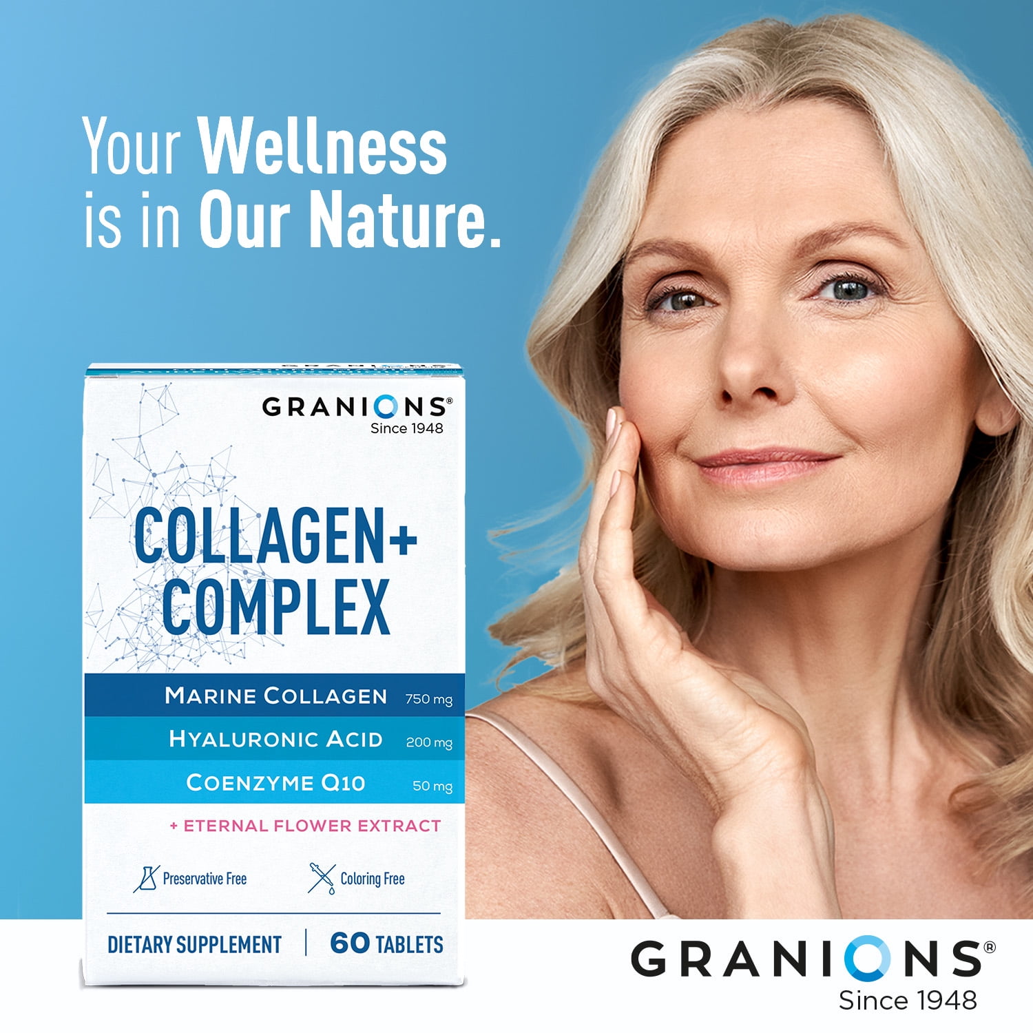 Granions Hyaluronic Acid Complex Tablets, Marine Collagen + Coq10, Age Defense Supplements, 60 units