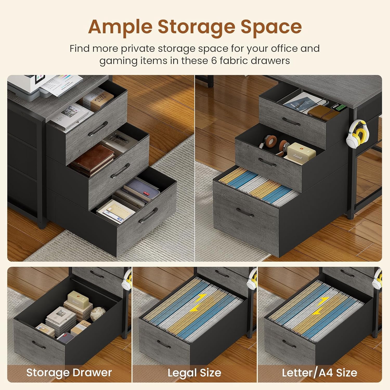 SEDETA L Shaped Gaming Desk with Drawers, Reversible Computer Corner Desk with File Drawer, Hutch, Storage Shelves for Home Office, Gaming Two Person Desk with Led Lights, Power Outlet, Grey