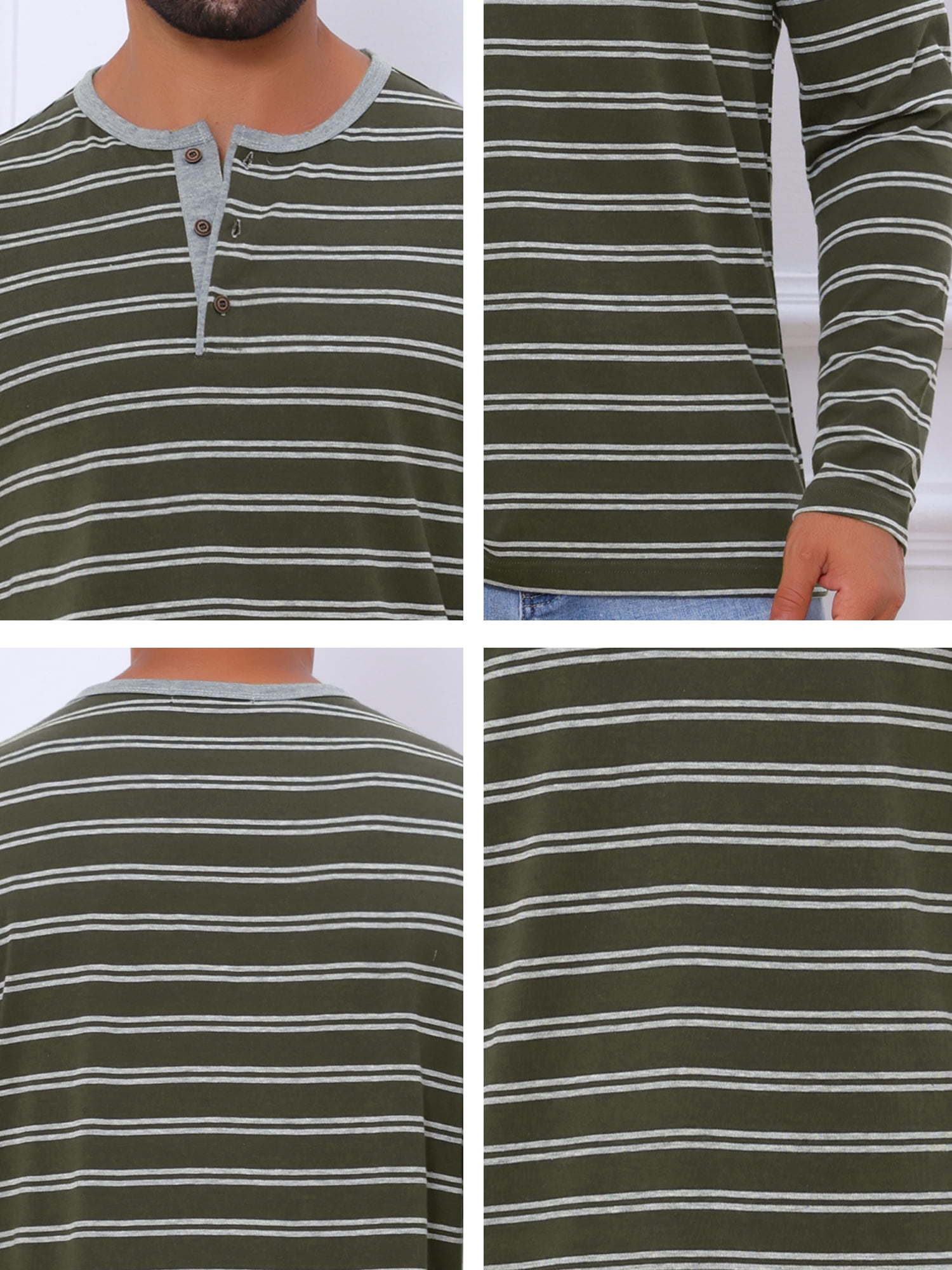 DARING DIVA Men's Long Sleeve Contrasting Colors Striped Henley T-Shirt S Dark Green