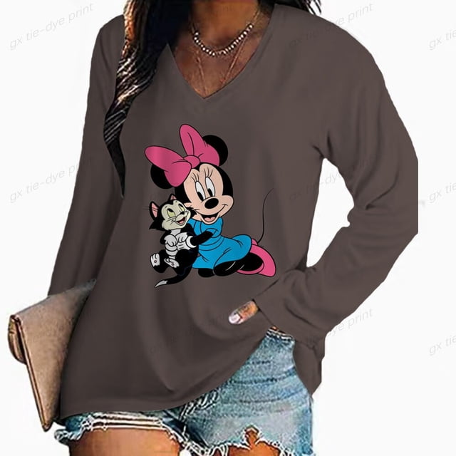 Women Vintage floral print V-Neck T-Shirt Fashion Casual Women Disney Mickey Mouse Print Long Sleeves Loose Tee Shirt Women TL Gao Jinjia LED