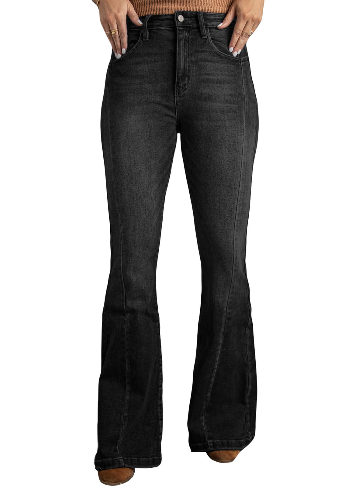 Arainlo Womens High Waist Retro Denim Jeans Stretch Slim Bell Bottom