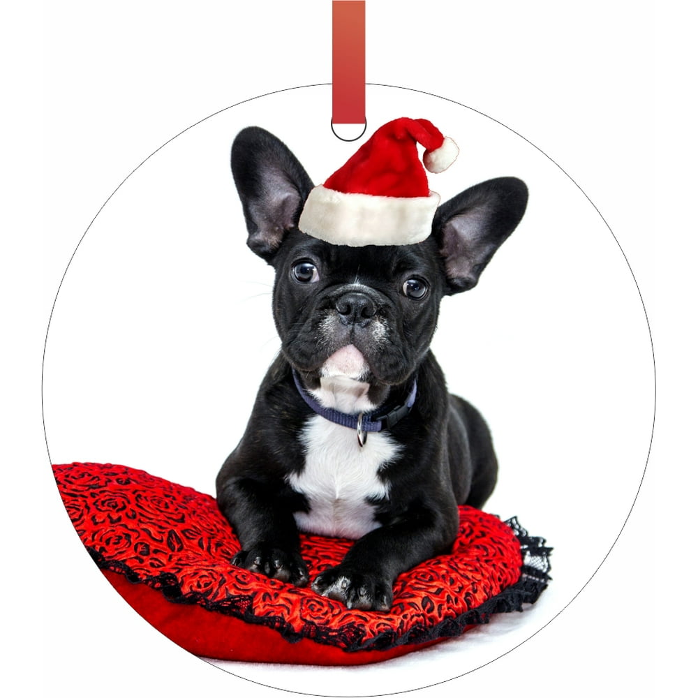 French Bulldog Puppy in a Santa Claus Hat Double Sided Flat Round Shaped Ornament Xmas Tree