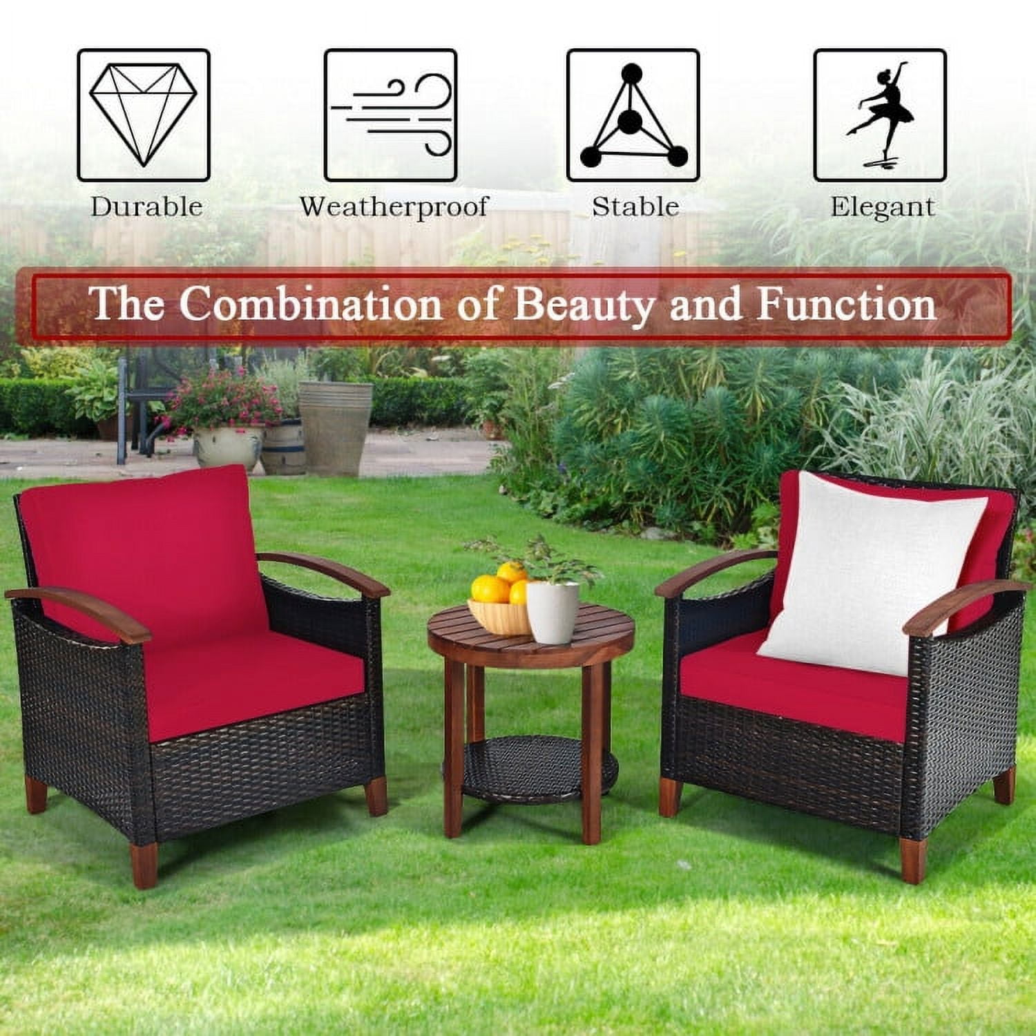 Aimee Lii 3 Pieces Patio Rattan Furniture Set with Washable Cushion and Acacia Wood Tabletop, Small Patio Set, A-Red Aimee Lii 3 Pieces Patio Rattan Furniture Set with Washable Cushion and Acacia Wood Tabletop, Small Patio Set, A-Red