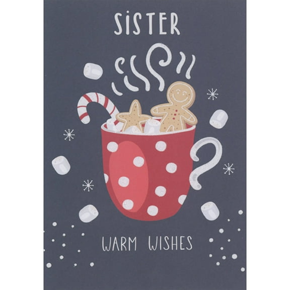 Designer Greetings Gingerbread Man, Star Cookie, Candy Cane and Marshmallow in Red Mug Christmas Card for Sister