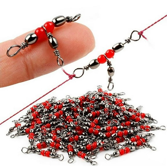 3 Way T-Turn Barrel Swivels Fishing Tackle, Brass Barrel Triple Swivel Cross Line 3 Way Barrel Fishing Connector with Red Fishing Beads for Freshwater Saltwater Test 20-100LB 10Pcs