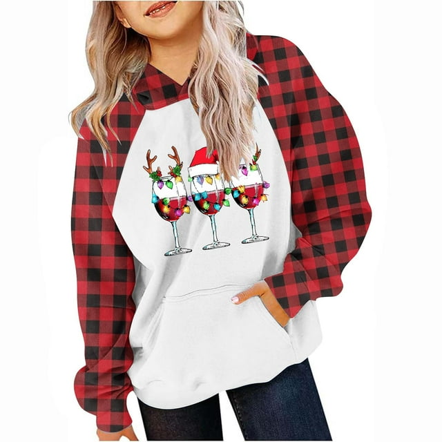 HAiming Sweat à Capuche de Noël Imprimé Xmas à Carreaux Color Block Manches Longues Décontracté
