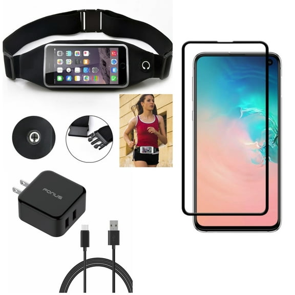 Galaxy S10e Running Waist Bag w Quick Home Charger w Screen Protector - Belt Band Sports Gym Workout, 30W 6ft USB Cable 2-Port USB, Tempered Glass 5D Curved Edge for Samsung Galaxy S10e Phone