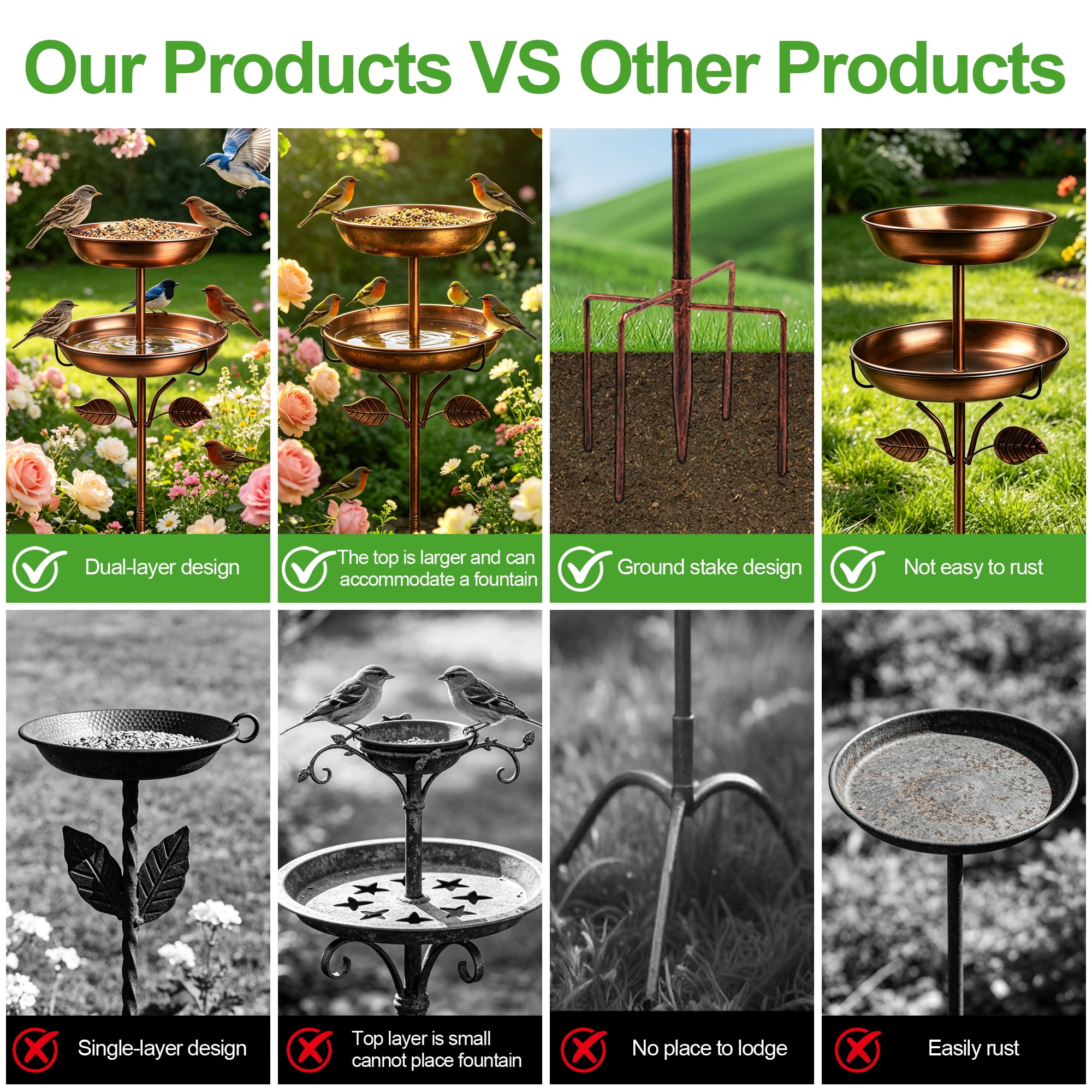 Bird Bath, 42In 4-Pronged Base Birdbaths for Outside, Double Metal Bird Bath & Feeder Bowls for Garden, Window, Patio, Yard & Lawn Decor, Ideal Gift for Bird Lovers