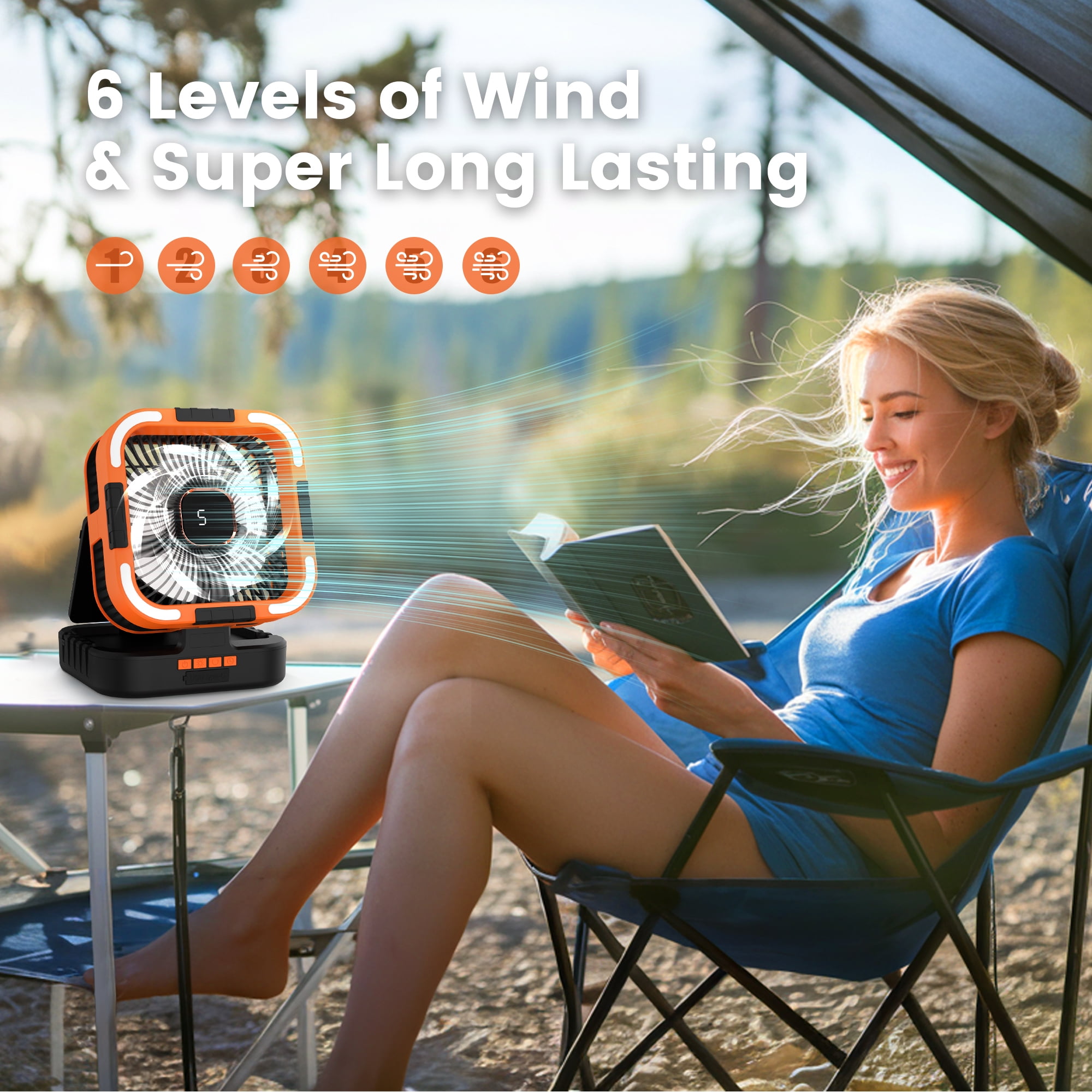 Solar Fan, 10000mAh Rechargeable Camping Fan Battery Portable Fans with LED Light, 6 Speeds Powerful Wind and 6H Timer Oscillating Tent Fan for Picnic, Fishing