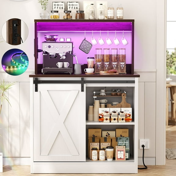 Homieasy Farmhouse Coffee Bar Cabinet with Charging Station, LED Lighting, Adjustable Shelves & Rustic Sliding Barn Door Design for Kitchen, Dining, or Living Room, Rustic & White