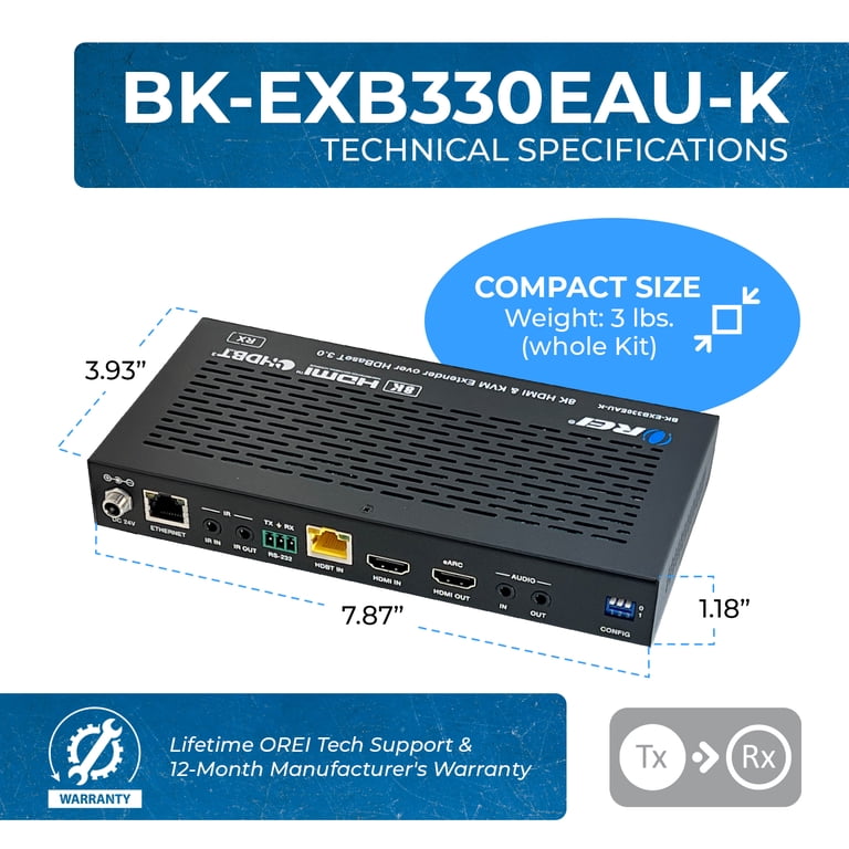 OREI 4K HDMI USB-C Extender Balun – HDBaseT 3.0 Over CAT6 Cable, Up To 330 Ft, 4K@60Hz With HDR & PoC