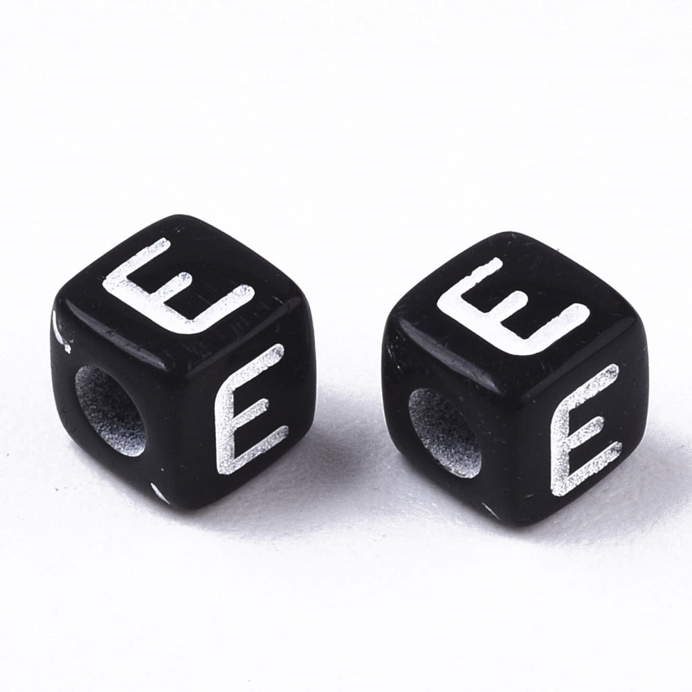 Opaque Acrylic Beads Horizontal Hole Alphabet Style Cube Black White Letter.E 5x5x5mm Hole: 2mm 5000pcs/500g