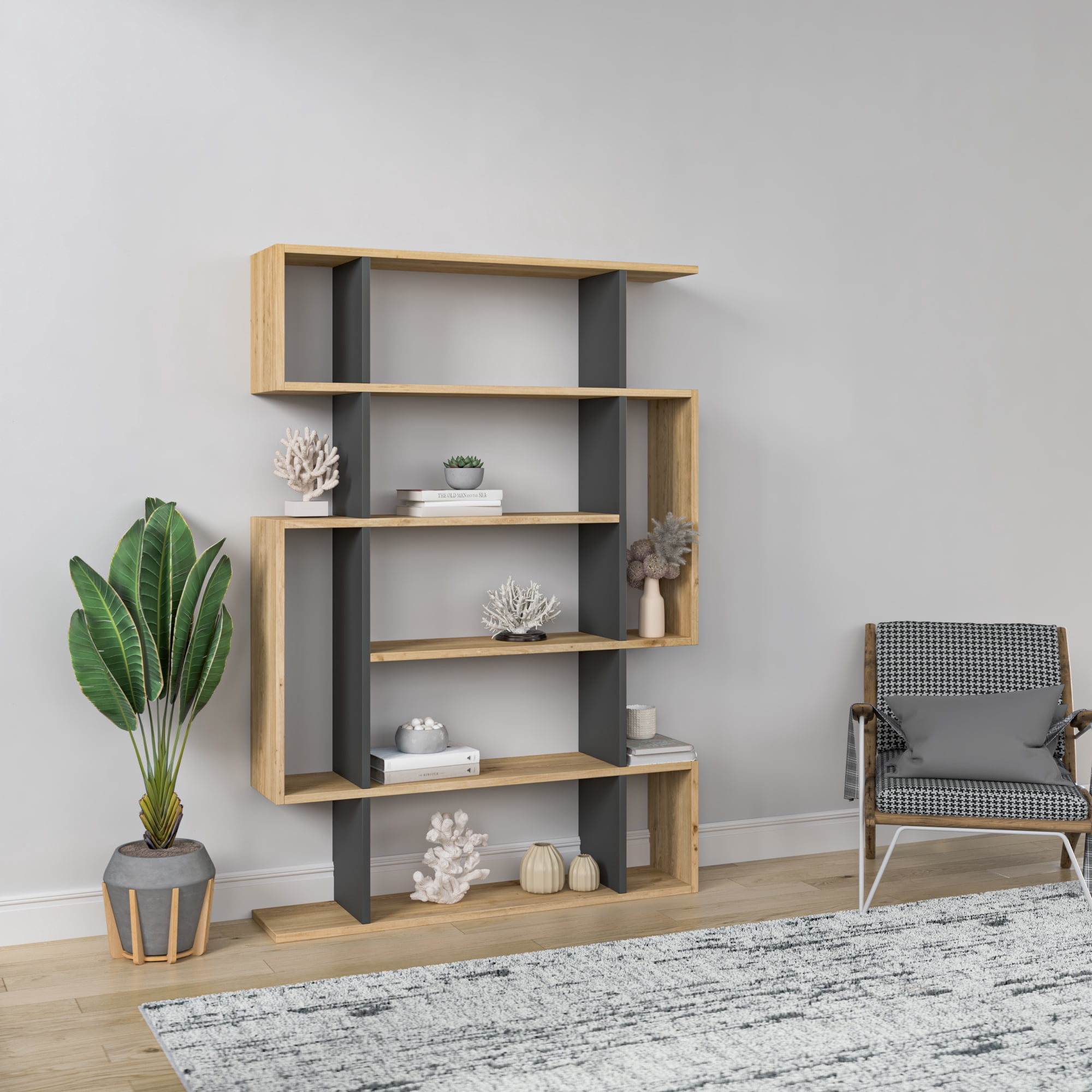 Ada Home Decor Furniture Multiple Tier Open Shelf Oak Anthracite Blair Modern Bookcase